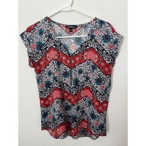 Express Blouse Top Womens XS Multicolor Floral Chevron Print V Neck Zip Front